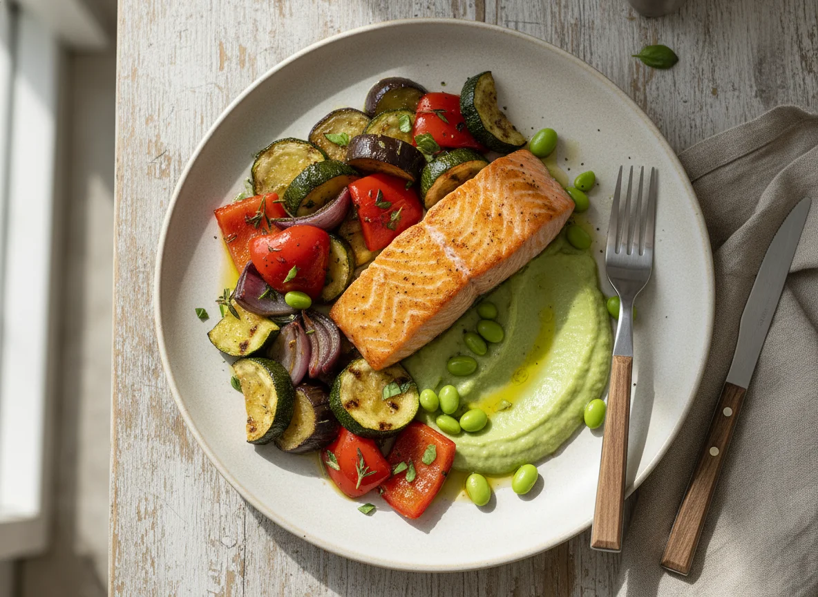 Lachs mit mediterranem Gemüse und Edamame-Soße photo