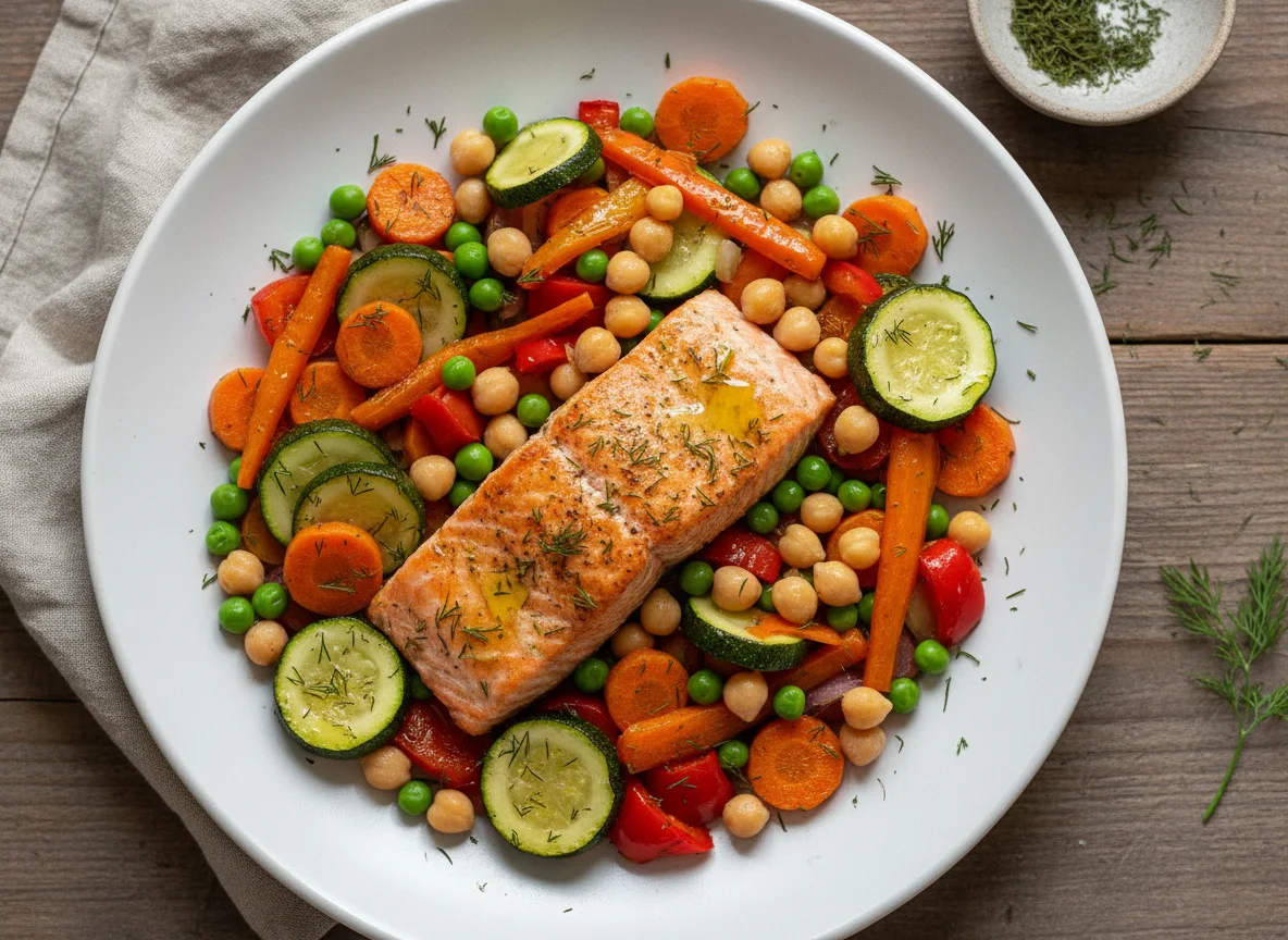 Lachs mit mediterranem Gemüse und Kichererbsen photo