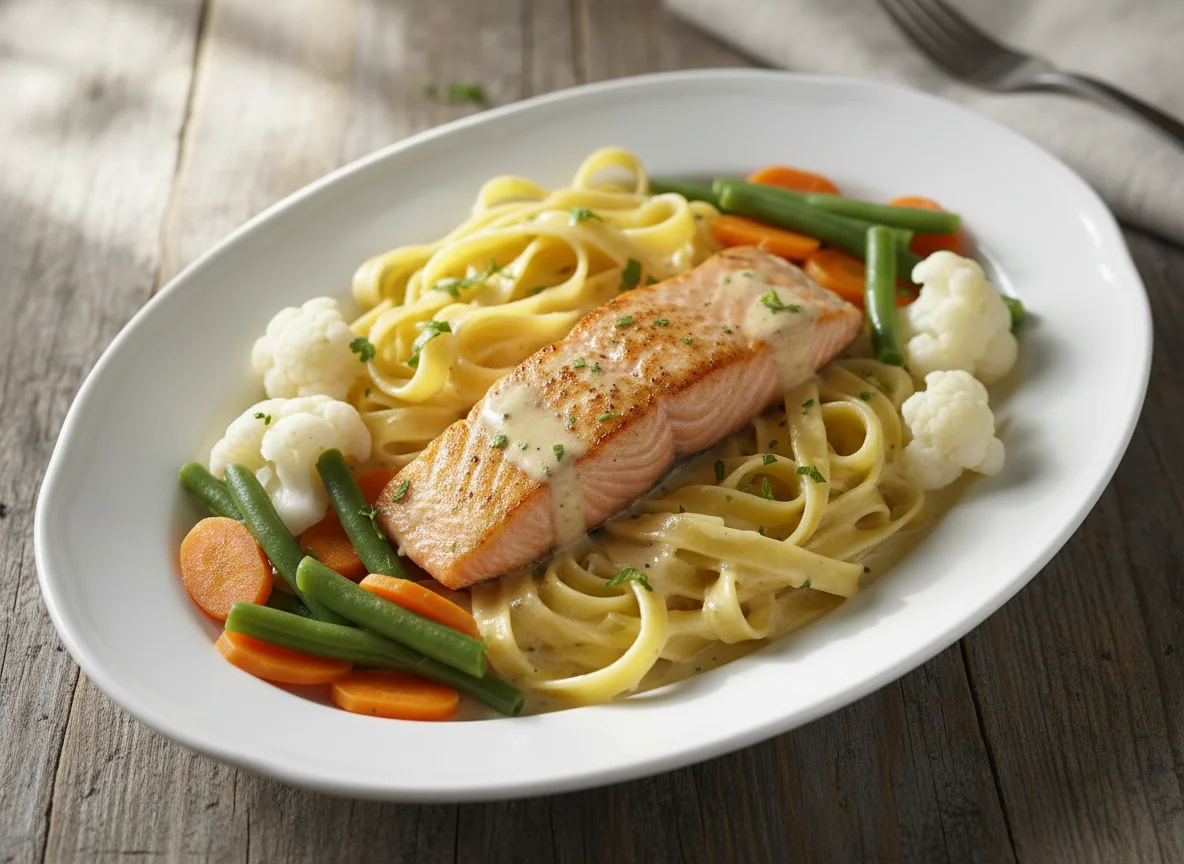 Lachs mit Nudeln und Gemüse photo