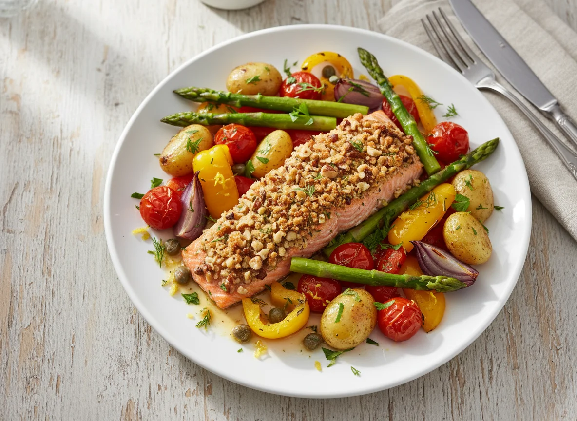 Lachs mit Nusskruste und Gemüse photo