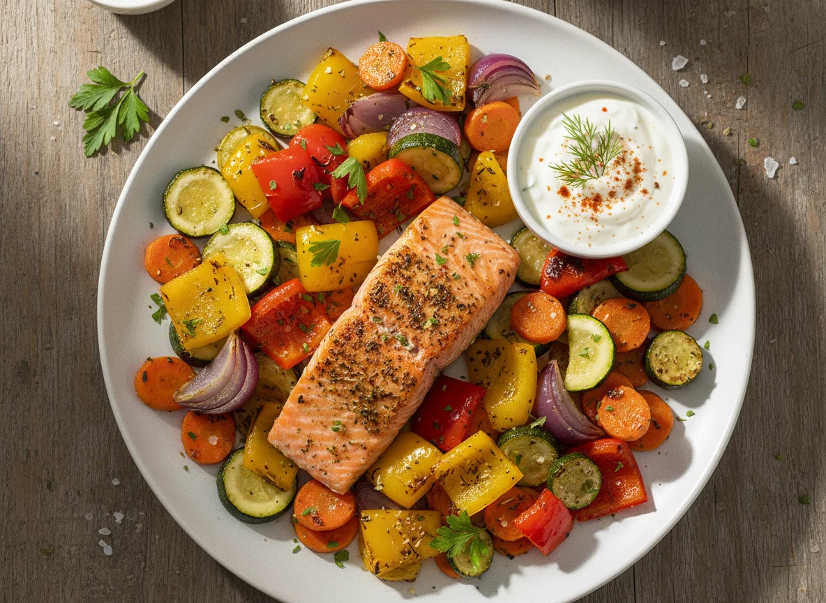 Lachs mit Ofengemüse und Dip photo