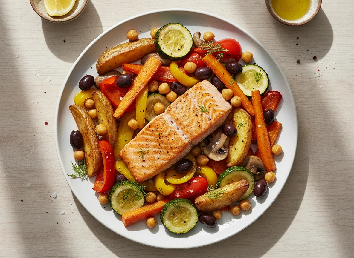 Lachs mit Ofengemüse und Kartoffeln photo