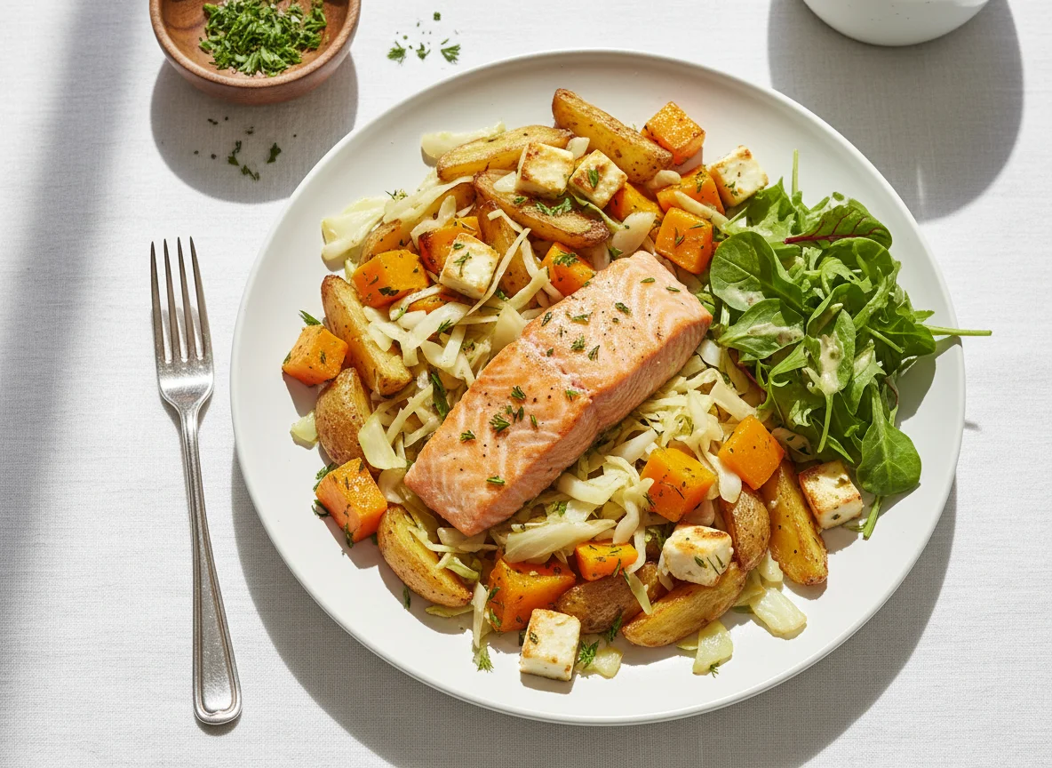 Lachs mit Ofengemüse und Kraut photo