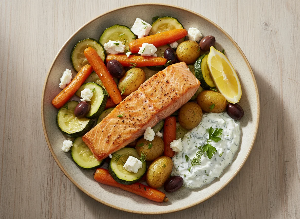 Lachs mit Ofengemüse und Kräuterquark photo