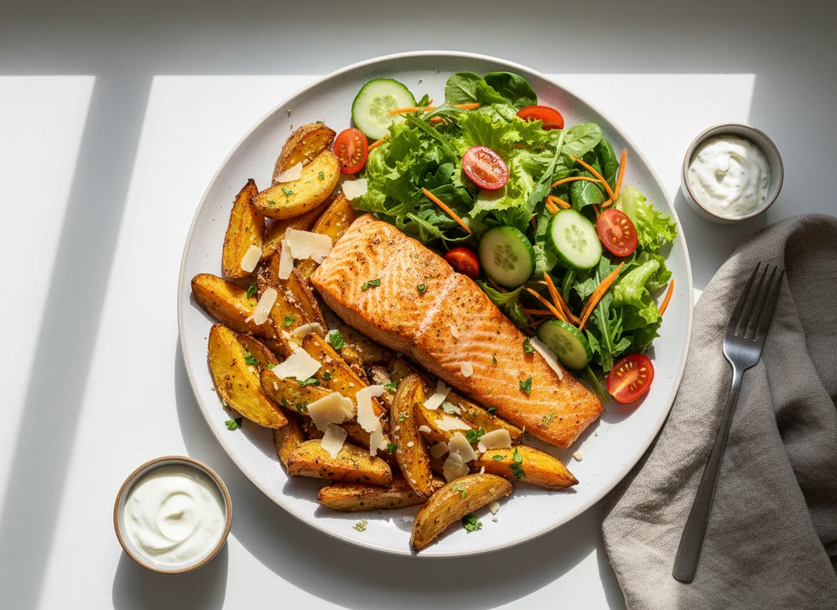 Lachs mit Ofengemüse und Salat photo