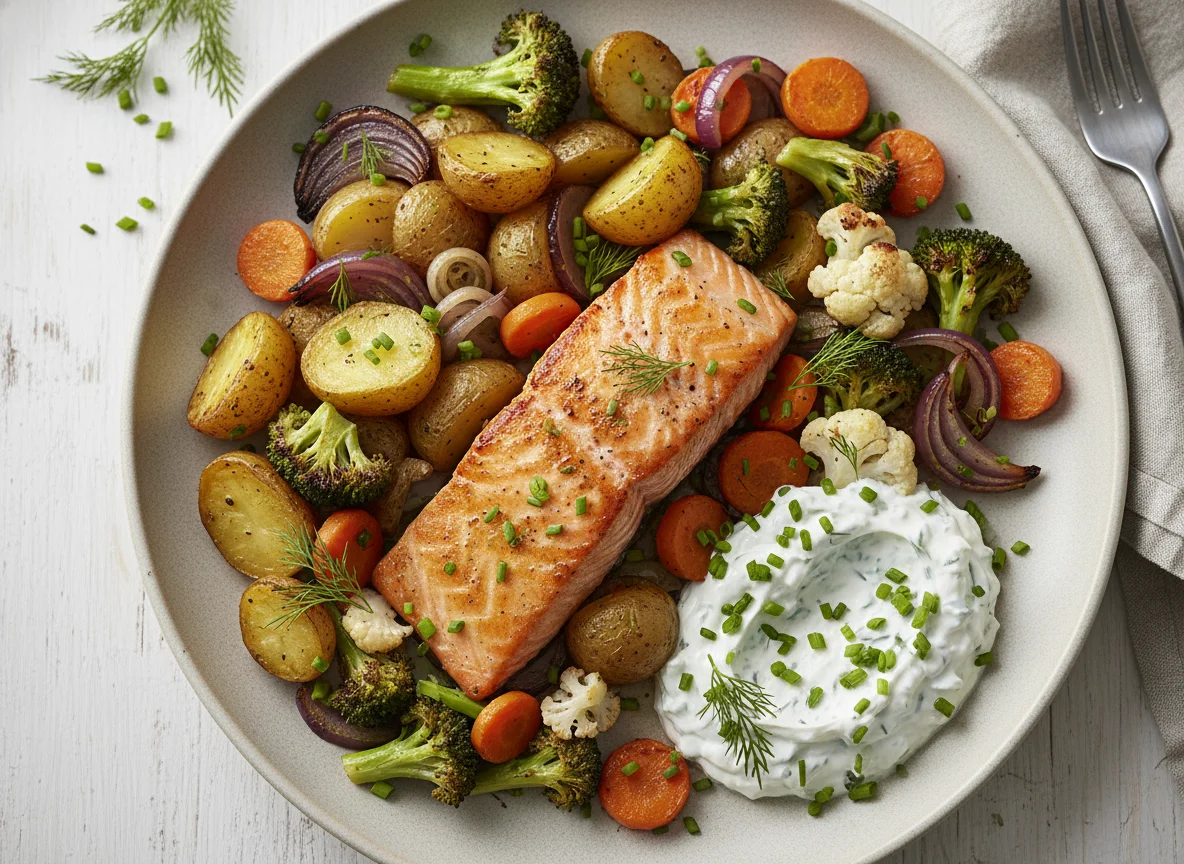 Lachs mit Ofenkartoffeln, Gemüse und Kräuterquark photo