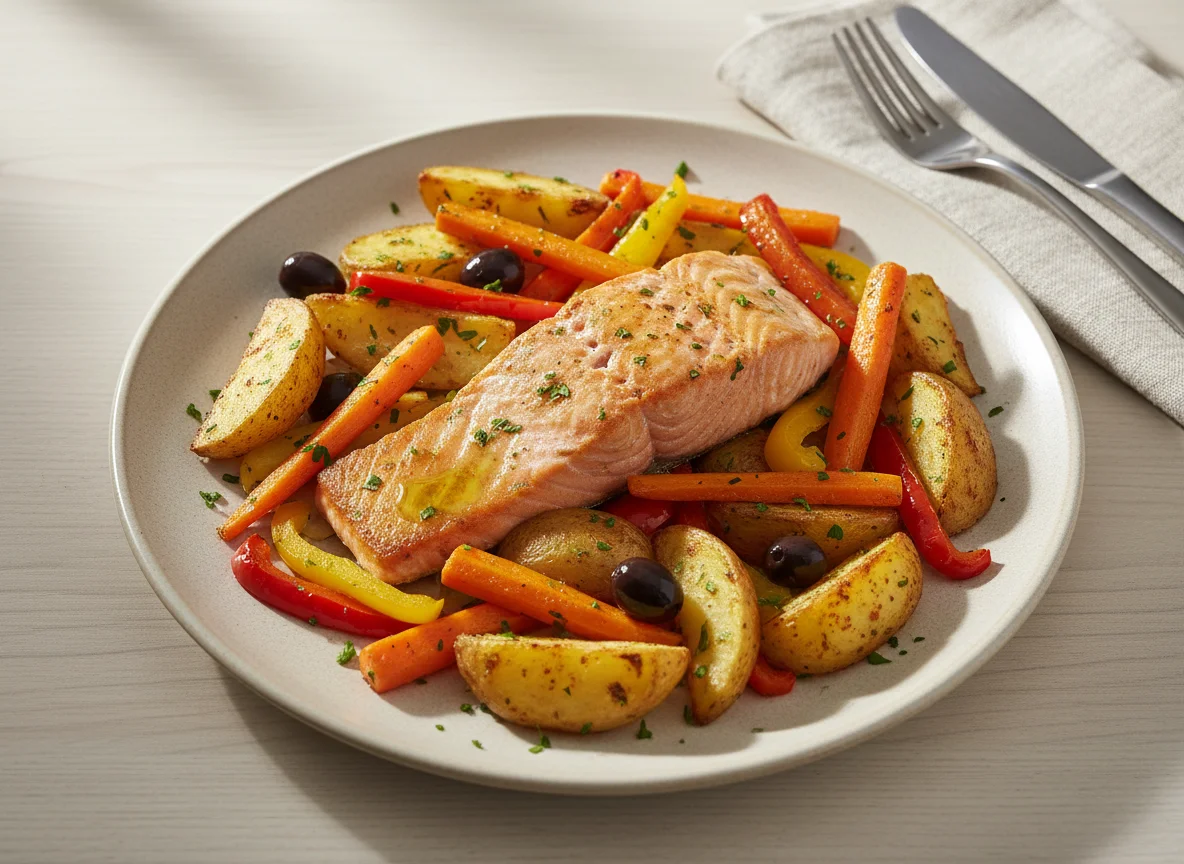 Lachs mit Ofenkartoffeln und Gemüse photo