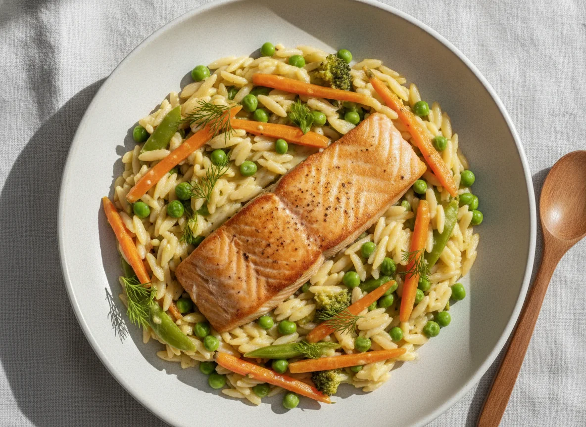 Lachs mit Orzo-Nudeln und Gemüse in Sahnesauce photo