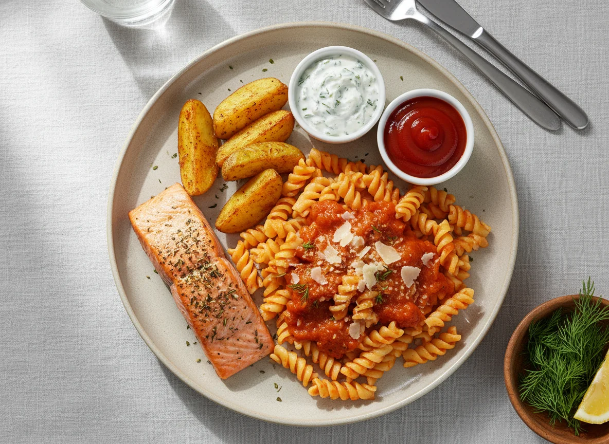 Lachs mit Pasta, Kartoffelspalten und Saucen photo