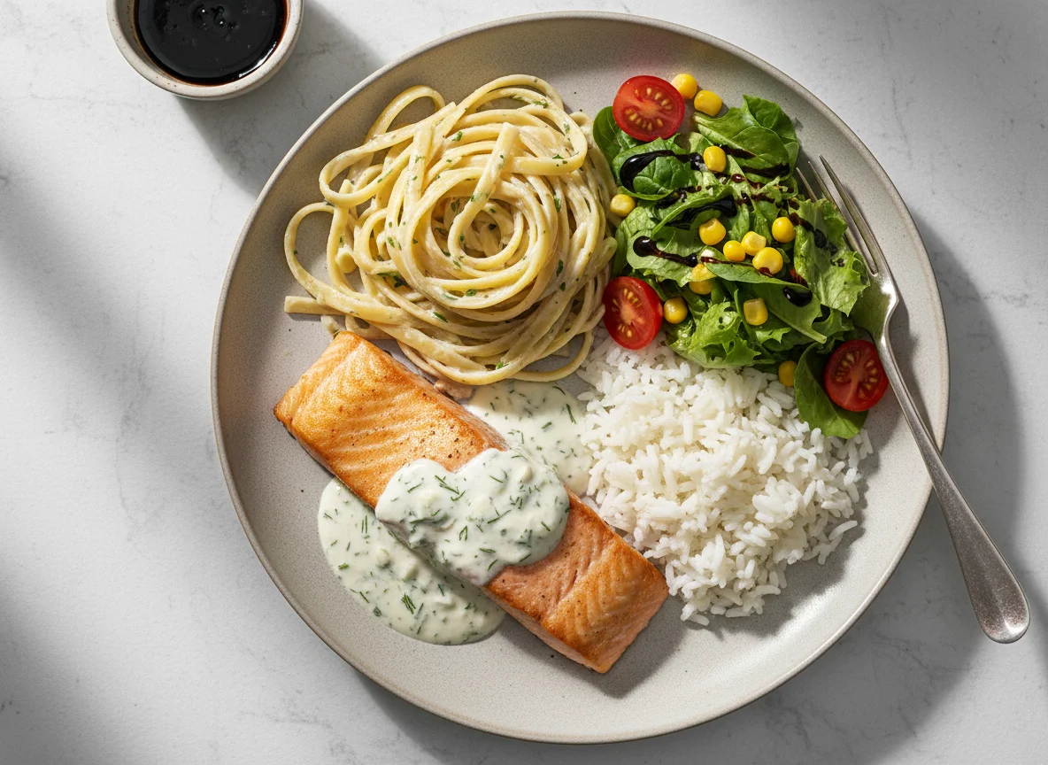 Lachs mit Pasta, Reis und Salat photo