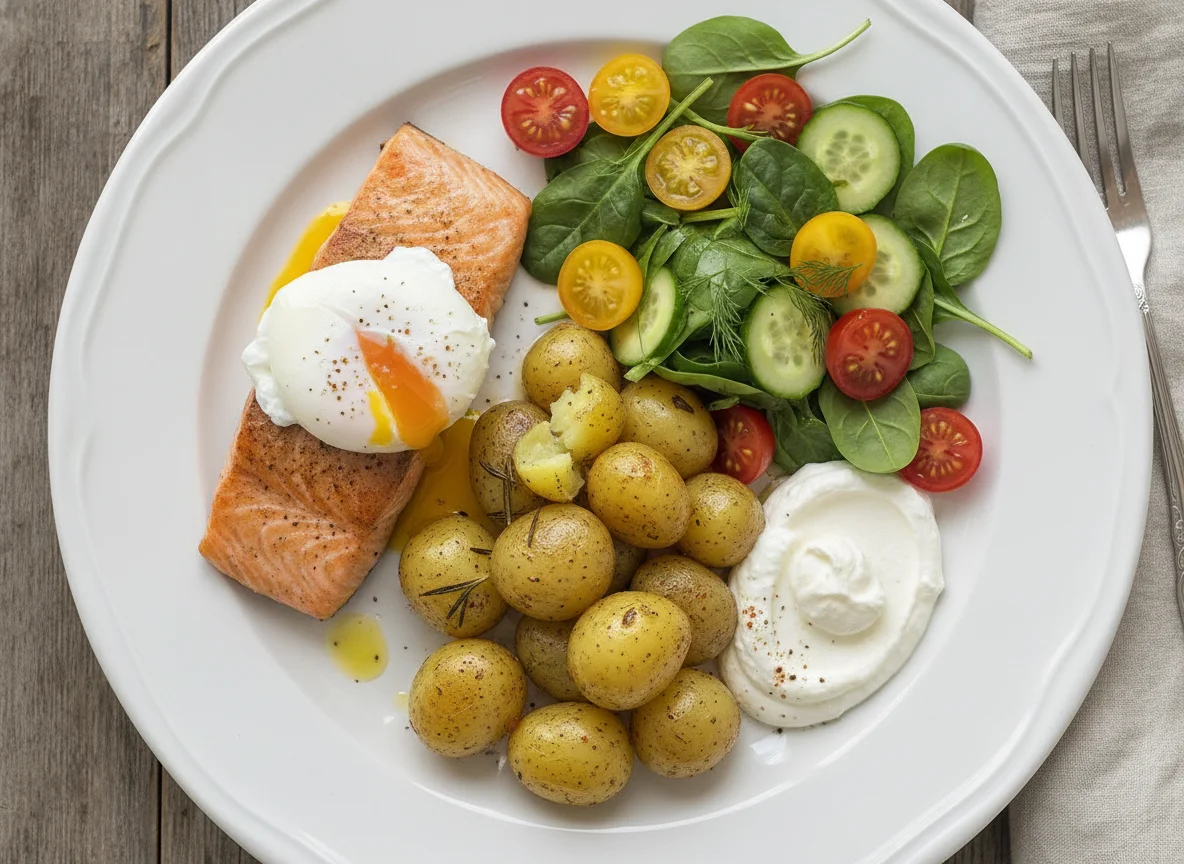 Lachs mit pochiertem Ei, Kartoffeln und gemischtem Salat photo