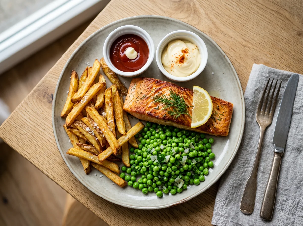 Lachs mit Pommes und Erbsen photo