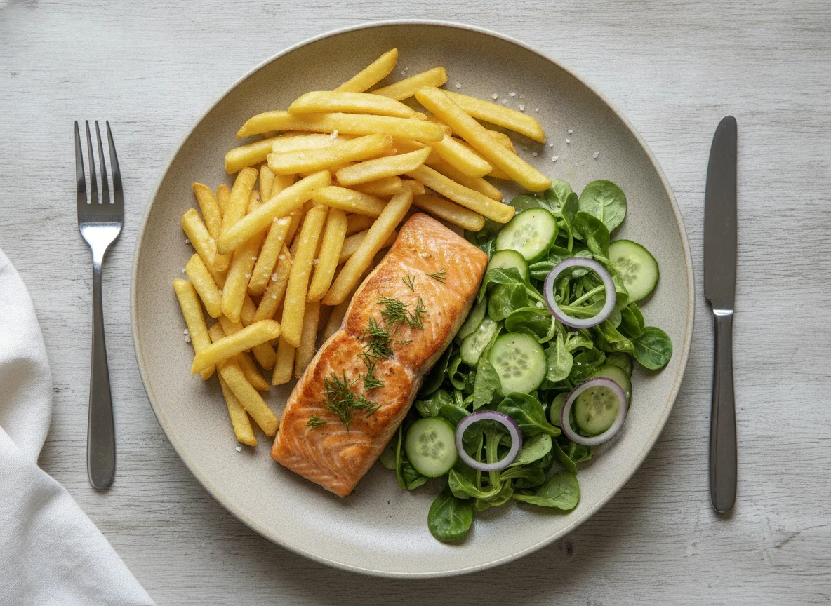 Lachs mit Pommes und Salat photo