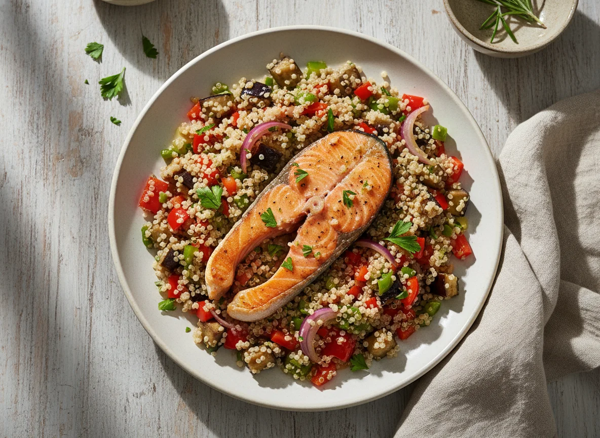 Lachs mit Quinoa und mediterranem Gemüse photo