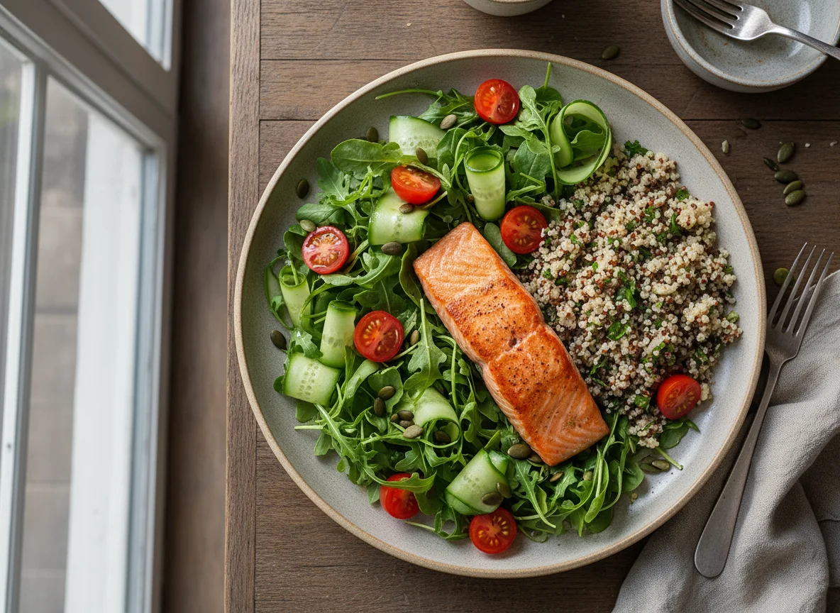 Lachs mit Quinoa und Salat photo