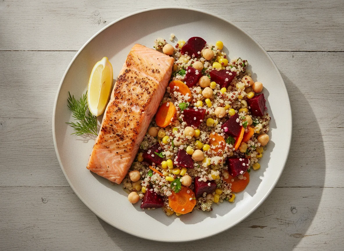 Lachs mit Quinoa-Salat und Roter Bete photo