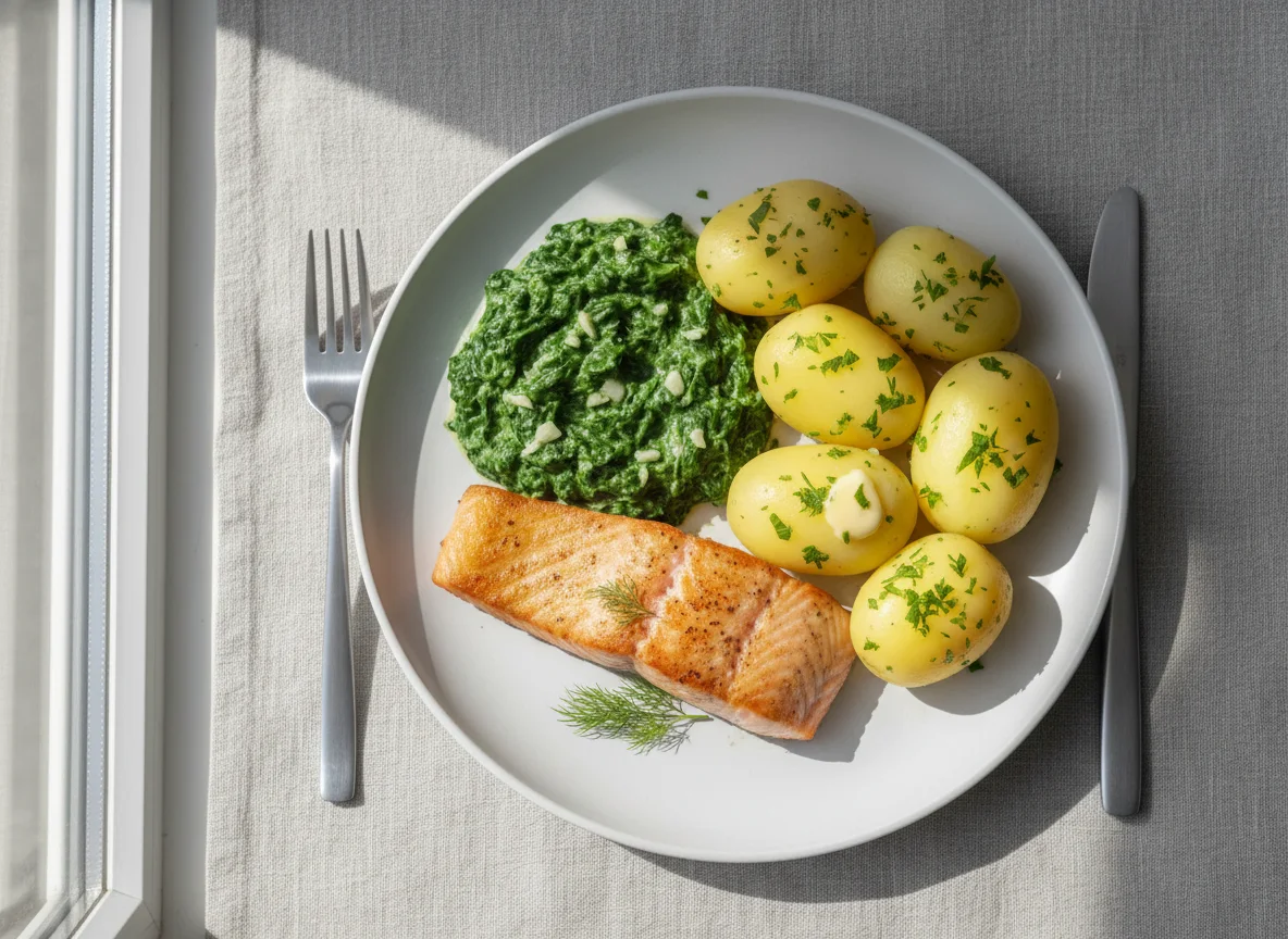 Lachs mit Rahmspinat und Kartoffeln photo
