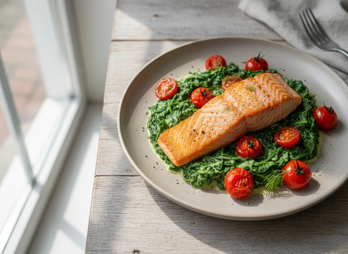 Lachs mit Rahmspinat und Kirschtomaten photo