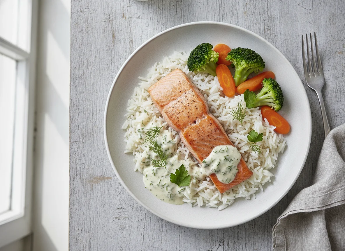 Lachs mit Reis, Brokkoli und Sahnesauce photo