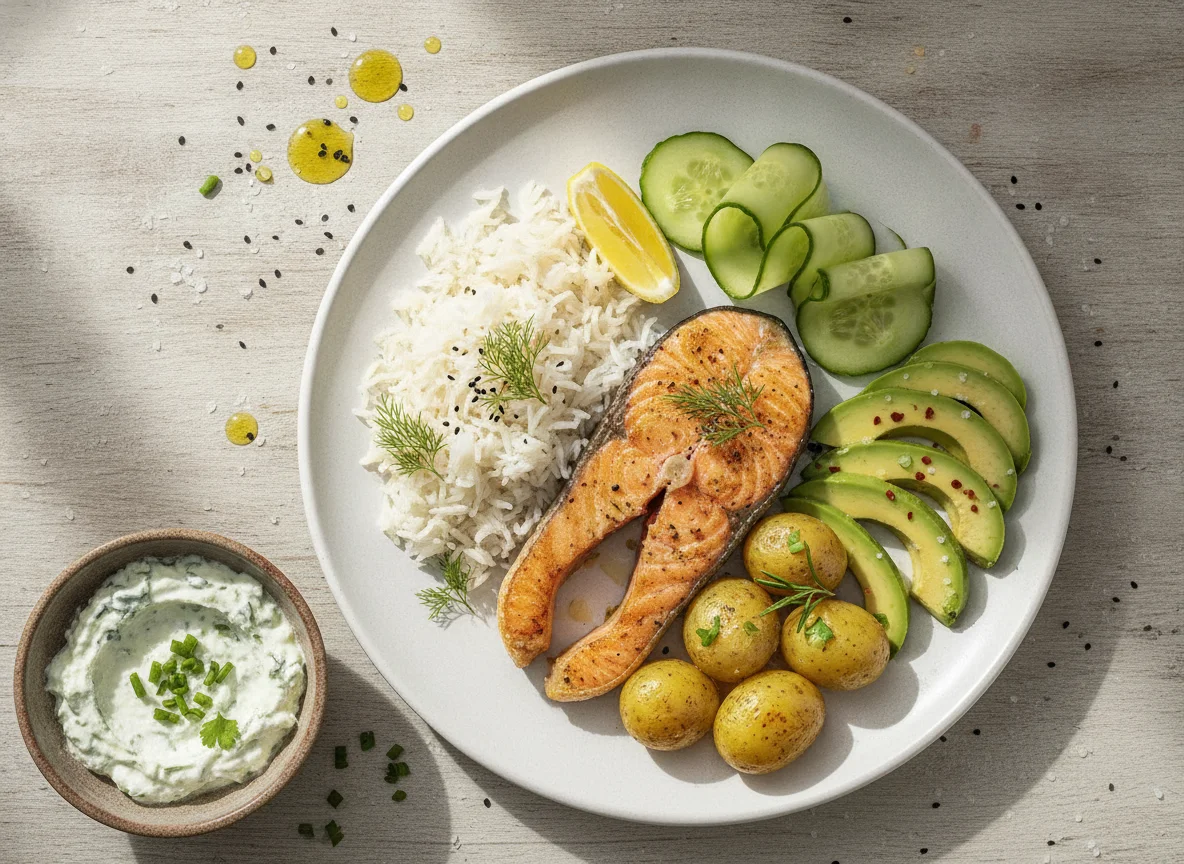 Lachs mit Reis und Beilagen photo