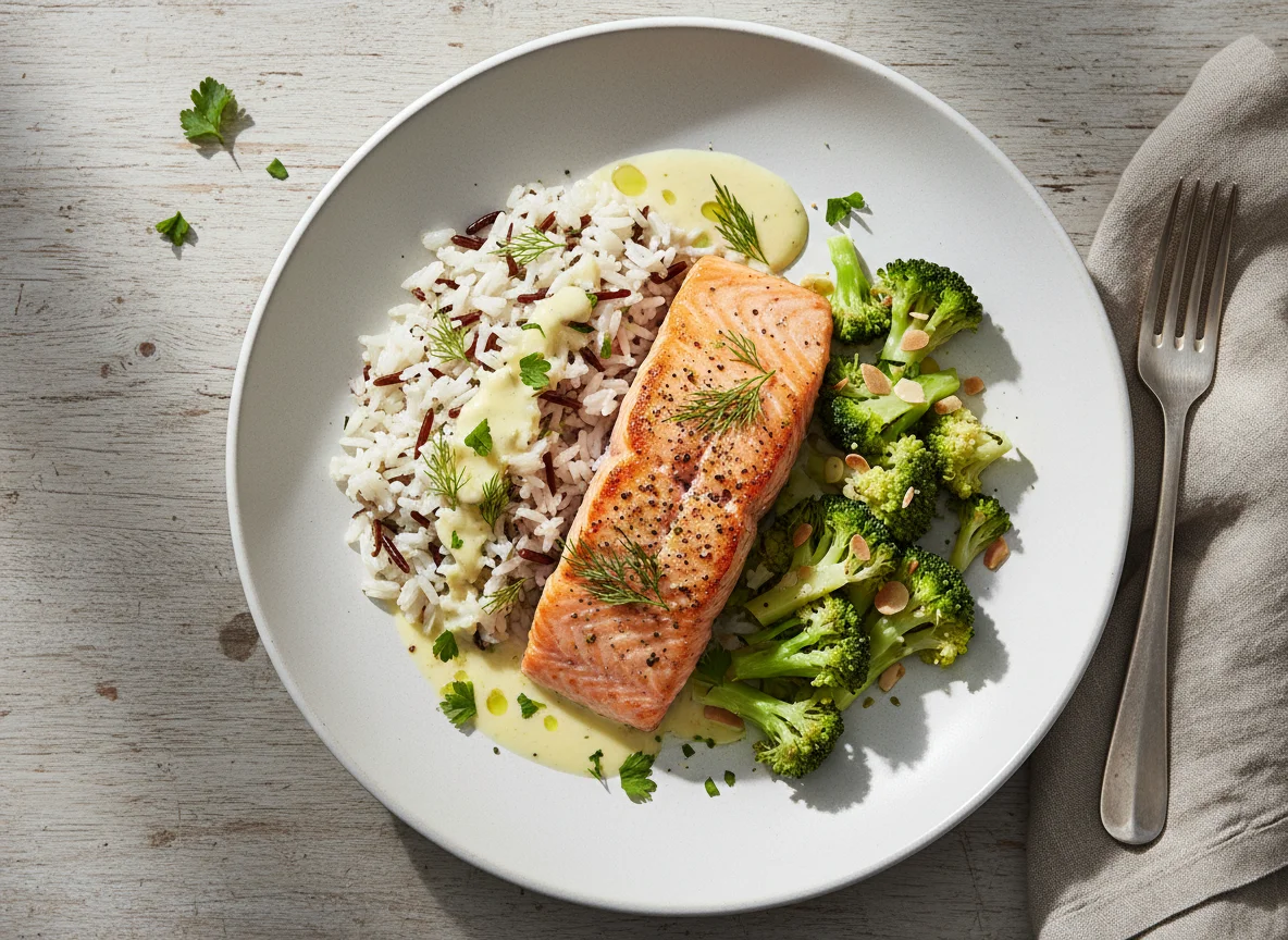 Lachs mit Reis und Brokkoli photo