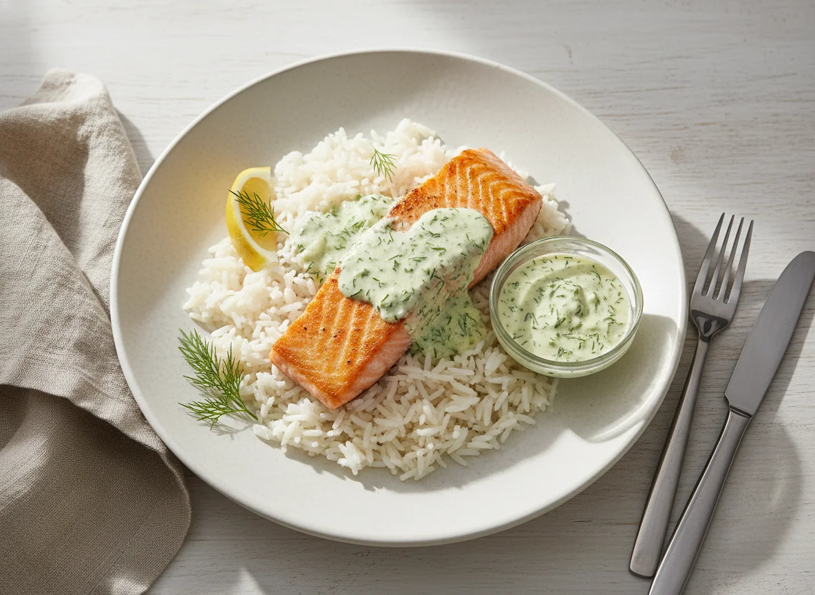 Lachs mit Reis und Dillsauce photo