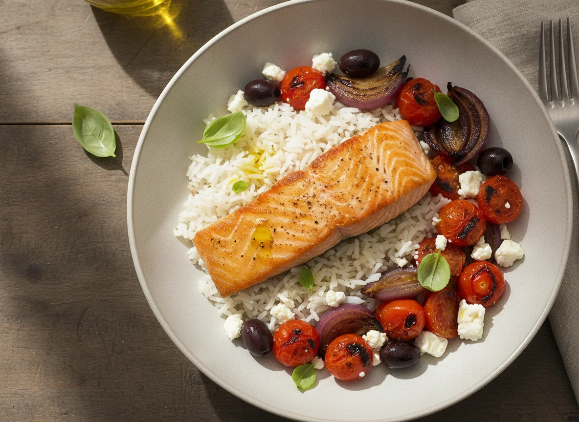 Lachs mit Reis und gebratenem Gemüse photo