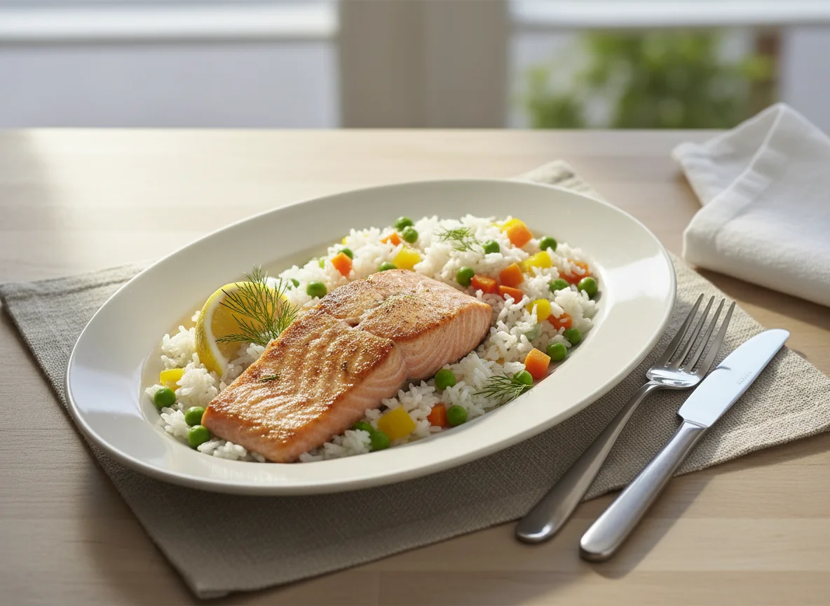 Lachs mit Reis und Gemüse photo