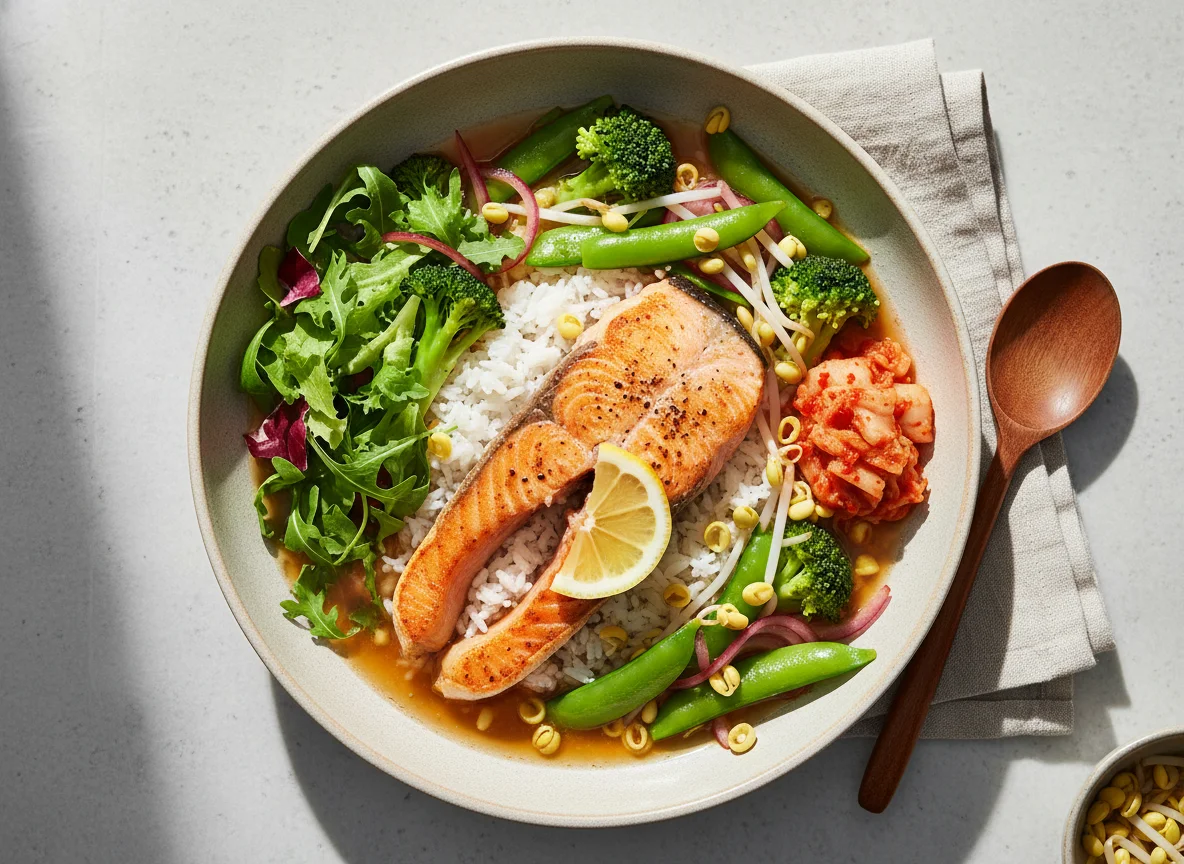 Lachs mit Reis und Gemüse in Brühe photo
