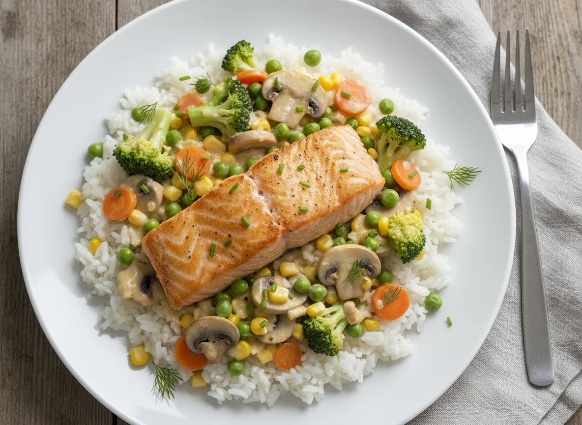 Lachs mit Reis und Gemüse in Sahnesauce photo
