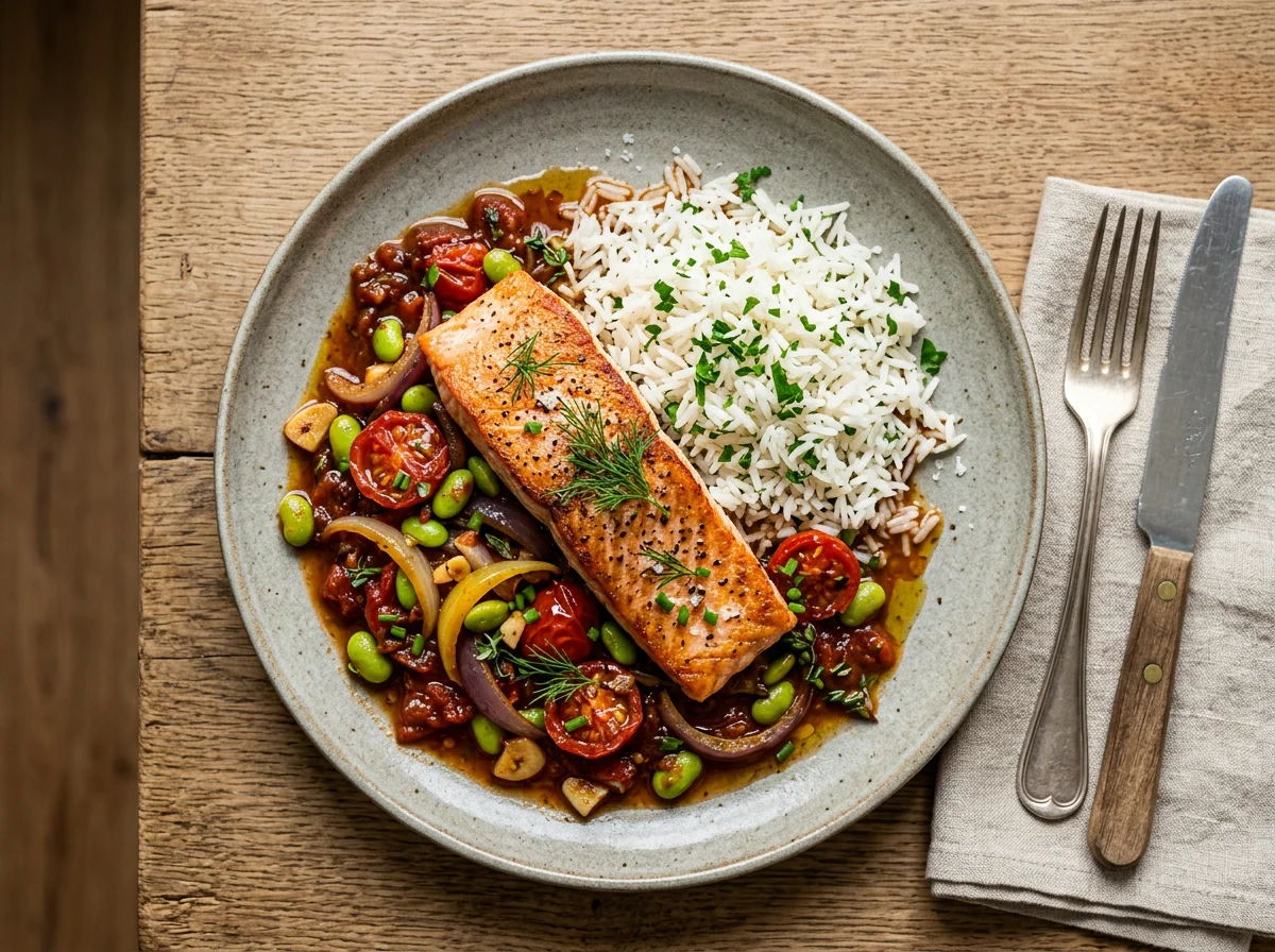 Lachs mit Reis und Gemüse in Soße photo