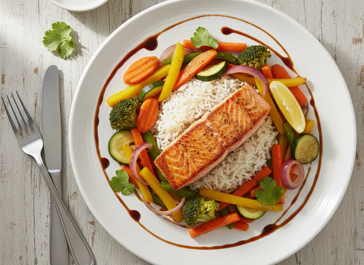 Lachs mit Reis und Gemüsepfanne photo