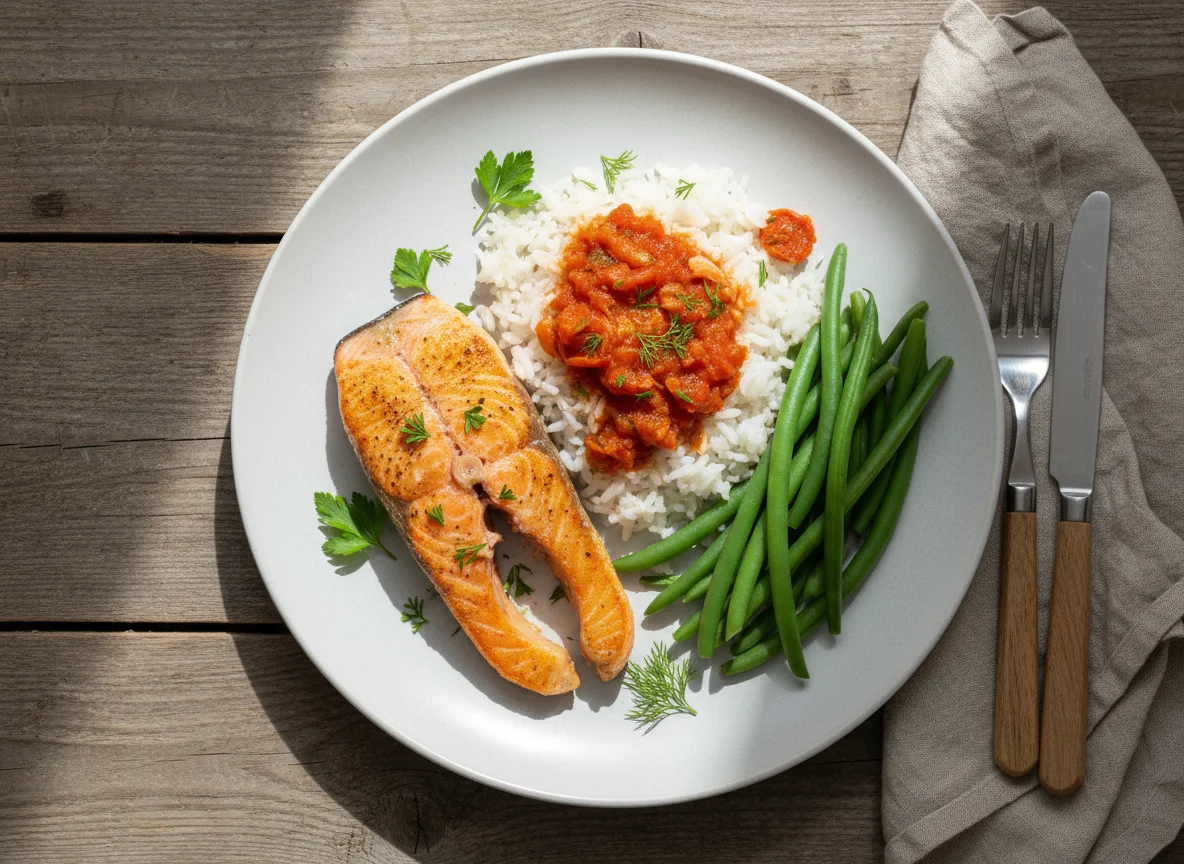 Lachs mit Reis und grünen Bohnen photo