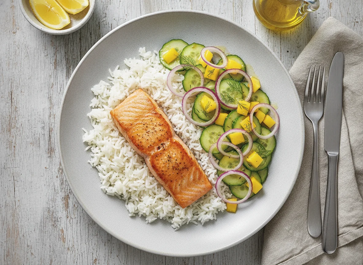 Lachs mit Reis und Gurken-Mango-Salat photo