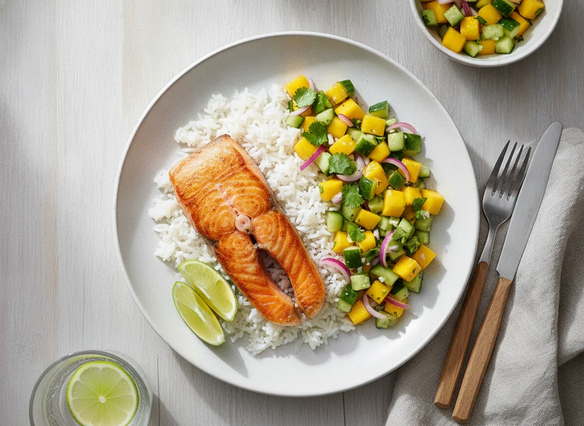 Lachs mit Reis und Gurken-Mango-Salsa photo