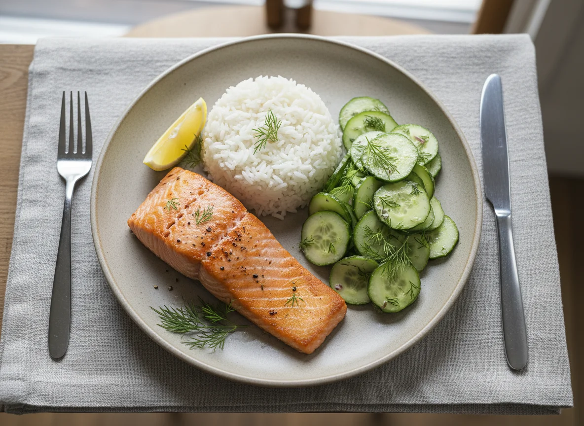 Lachs mit Reis und Gurkensalat photo