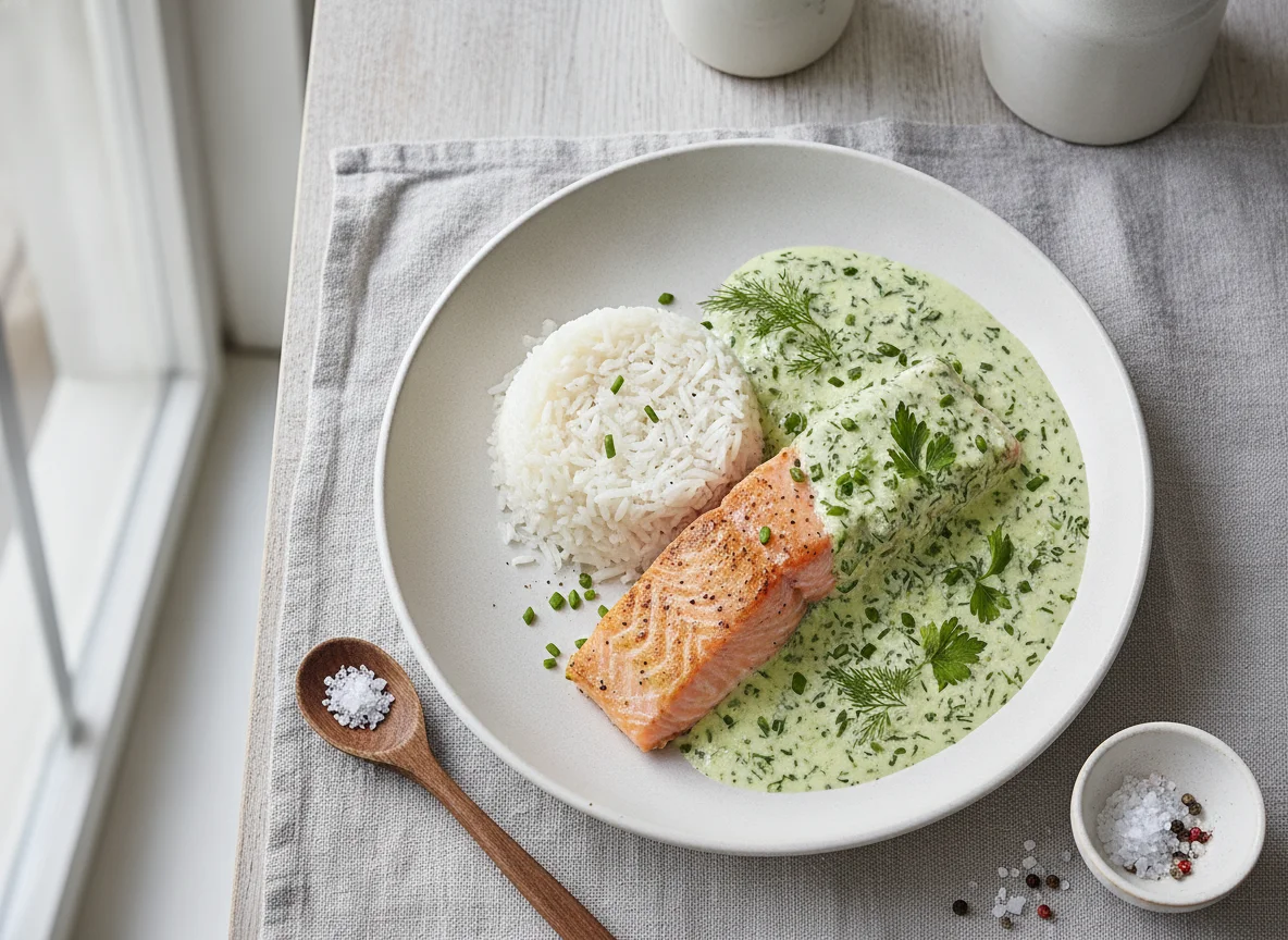 Lachs mit Reis und Kräutersauce photo