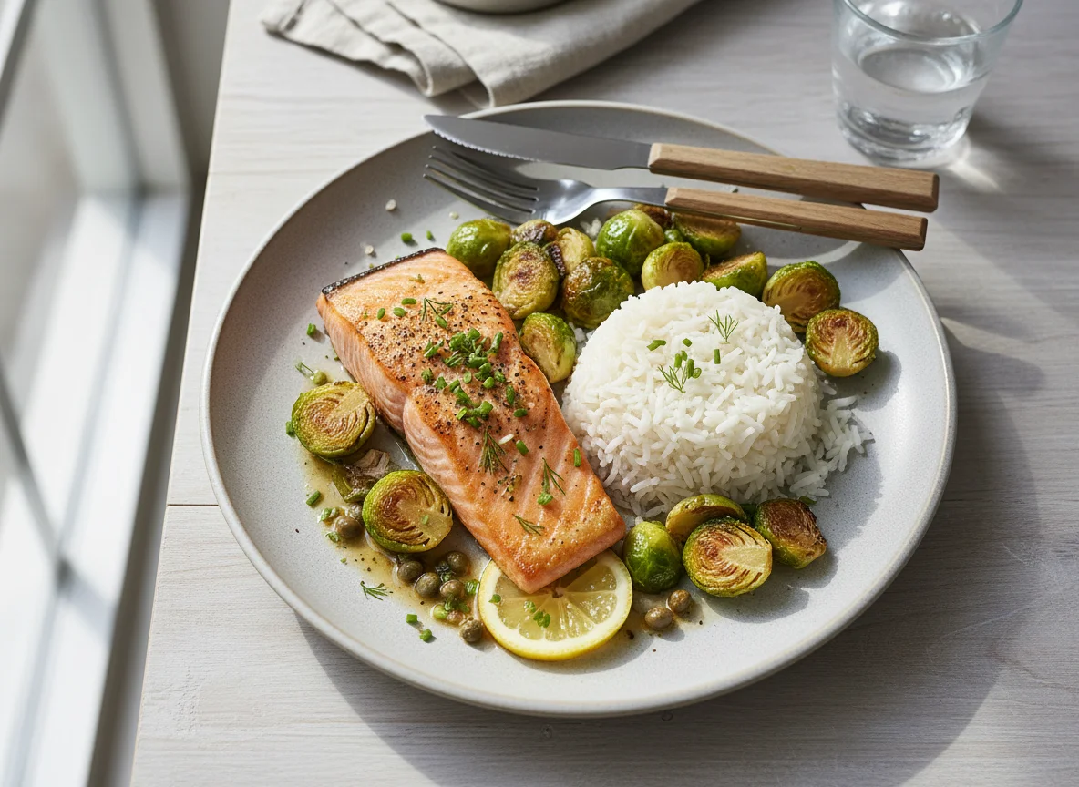 Lachs mit Reis und Rosenkohl photo