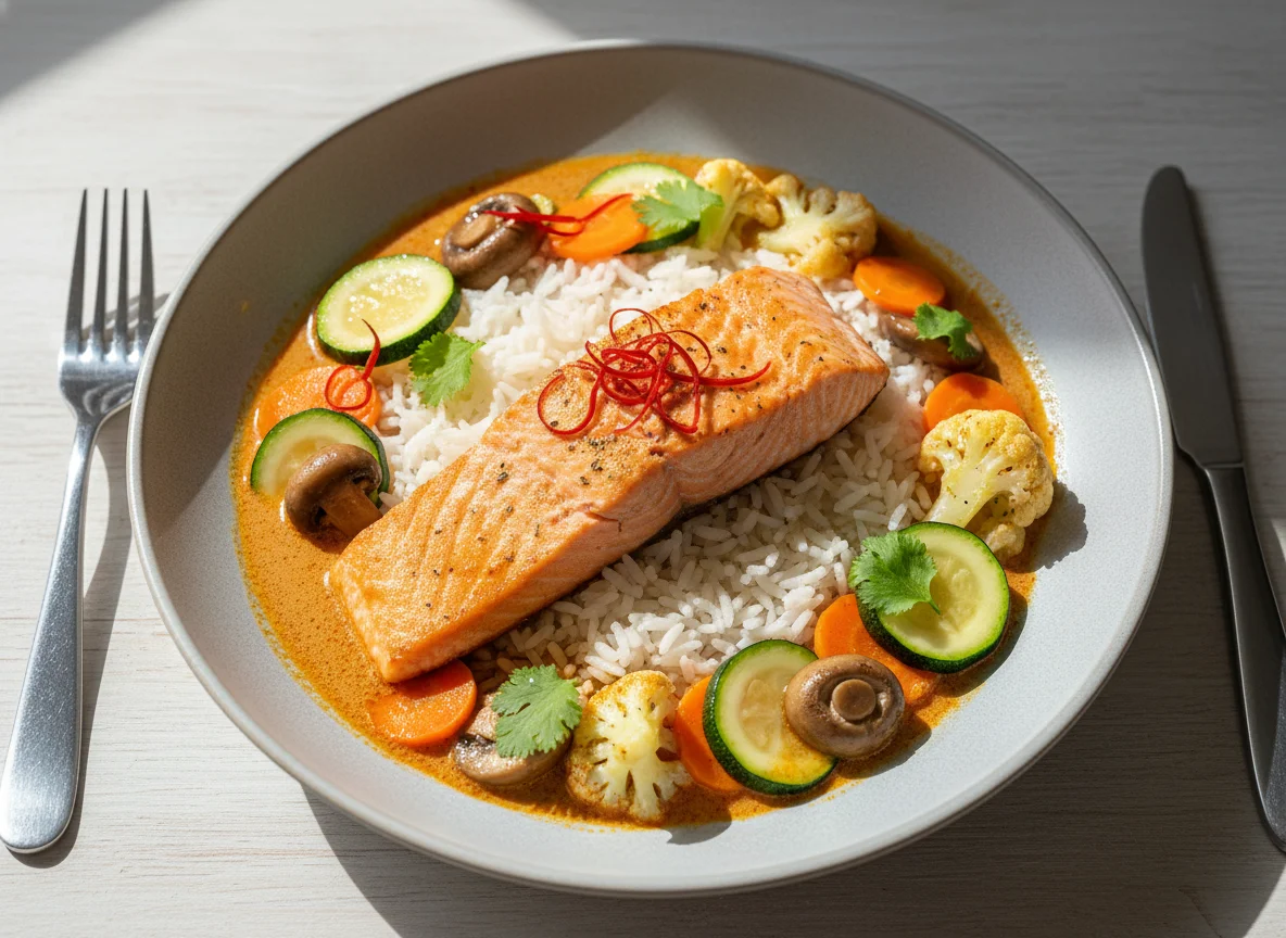 Lachs mit Reis und rotem Curry photo