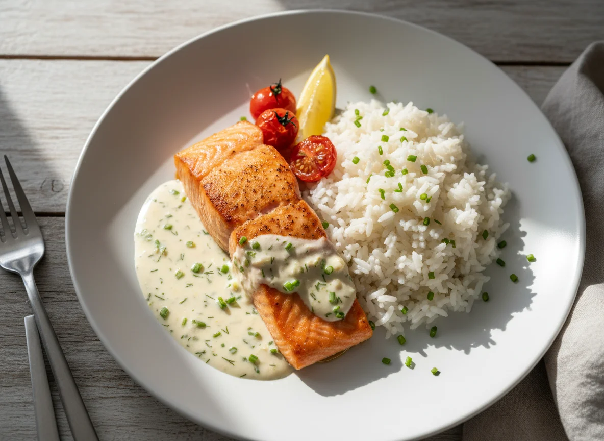 Lachs mit Reis und Sahnesauce photo