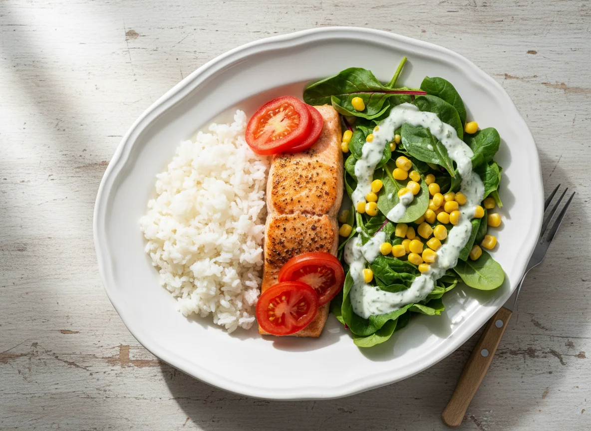 Lachs mit Reis und Salat photo