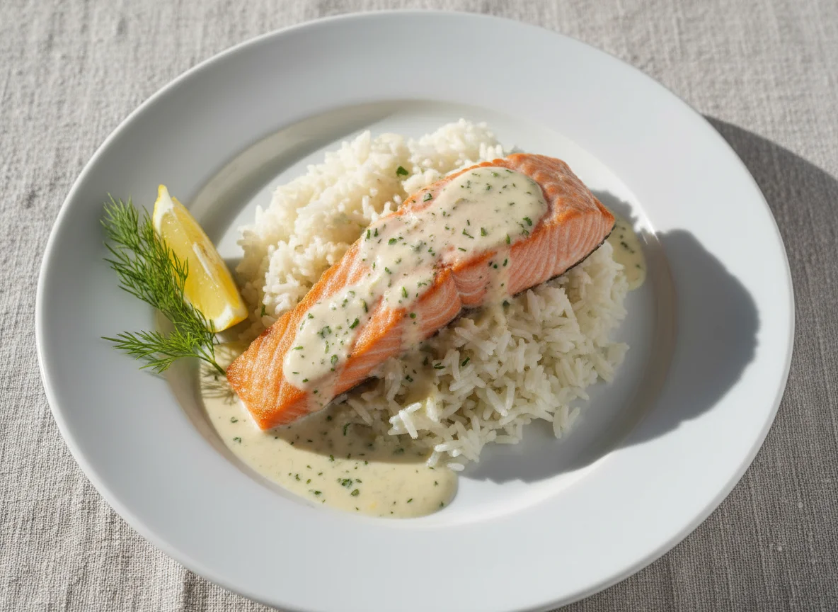 Lachs mit Reis und Sauce photo