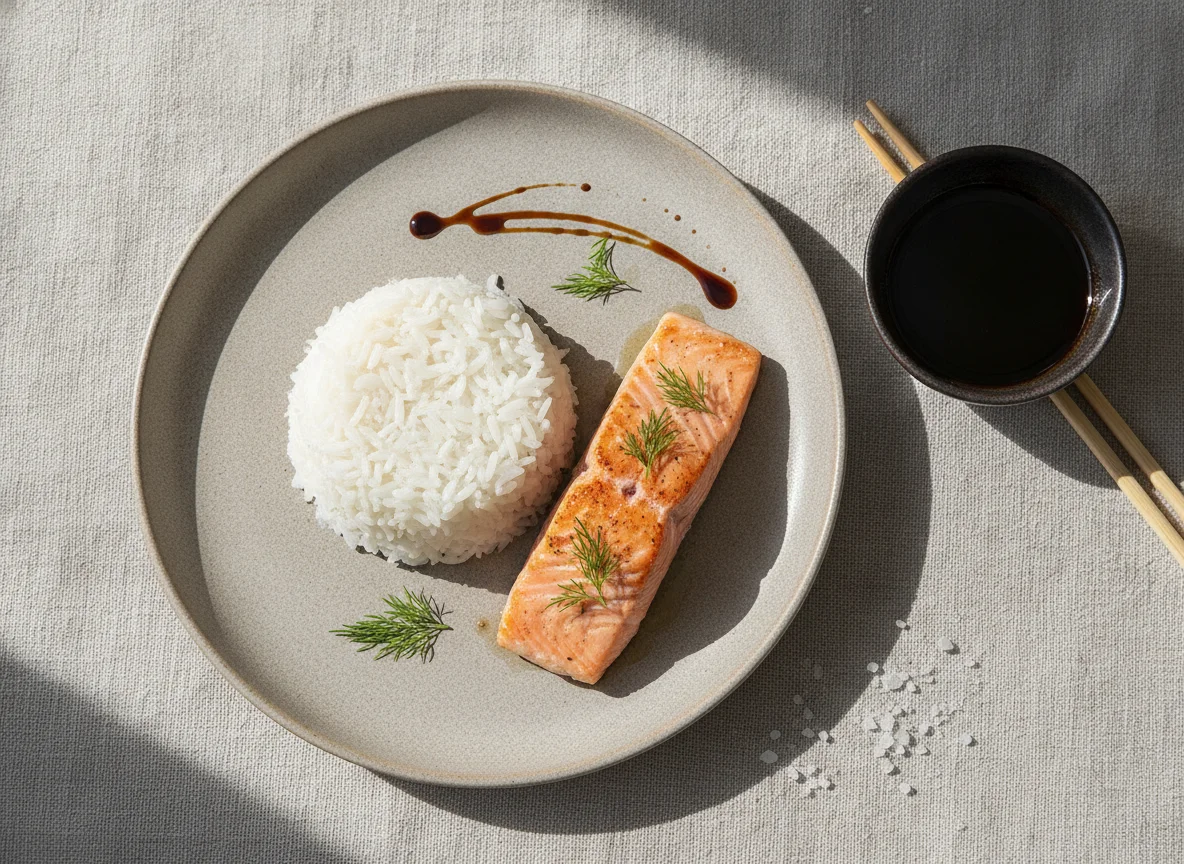 Lachs mit Reis und Sojasauce photo