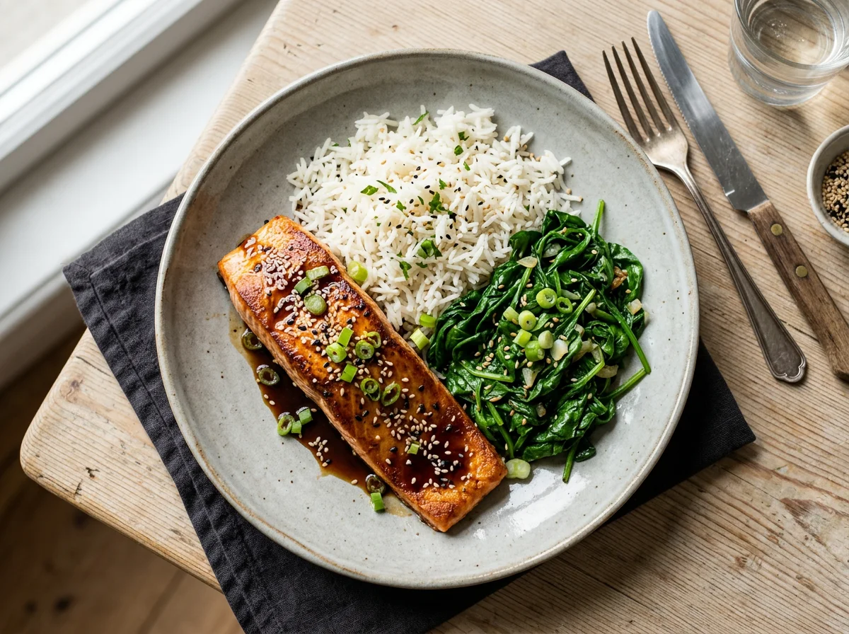 Lachs mit Reis und Spinat photo