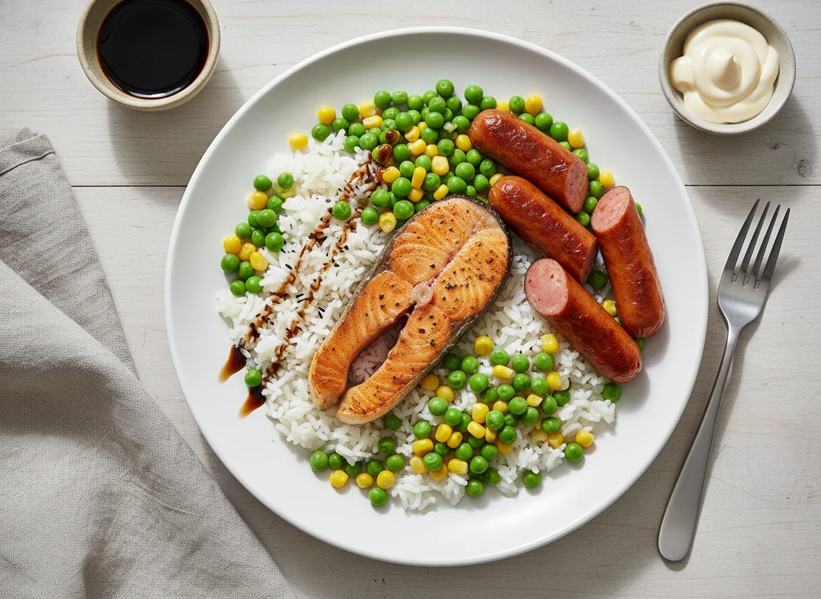 Lachs mit Reis, Würstchen und Gemüse photo