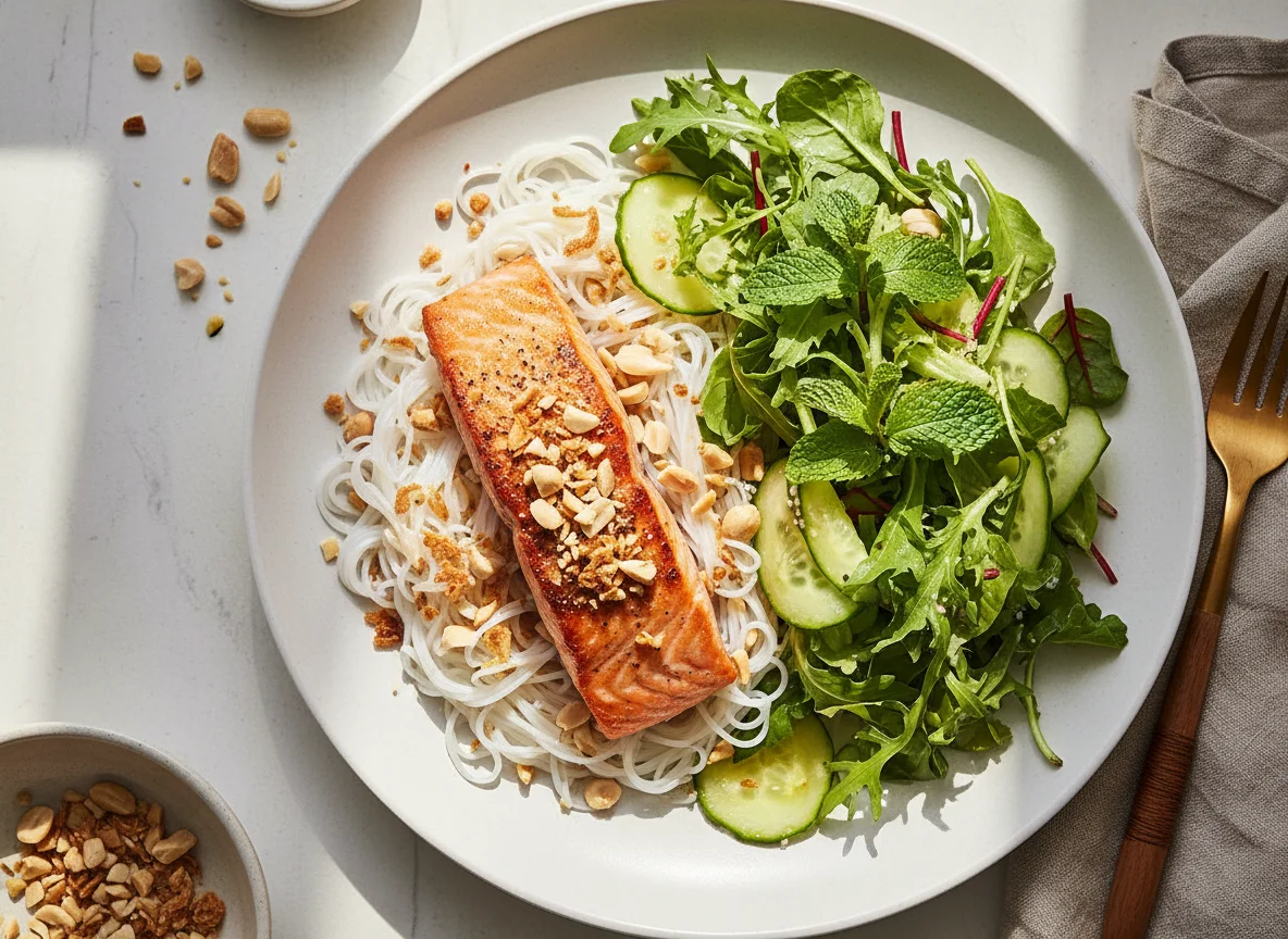 Lachs mit Reisnudeln und Salat photo