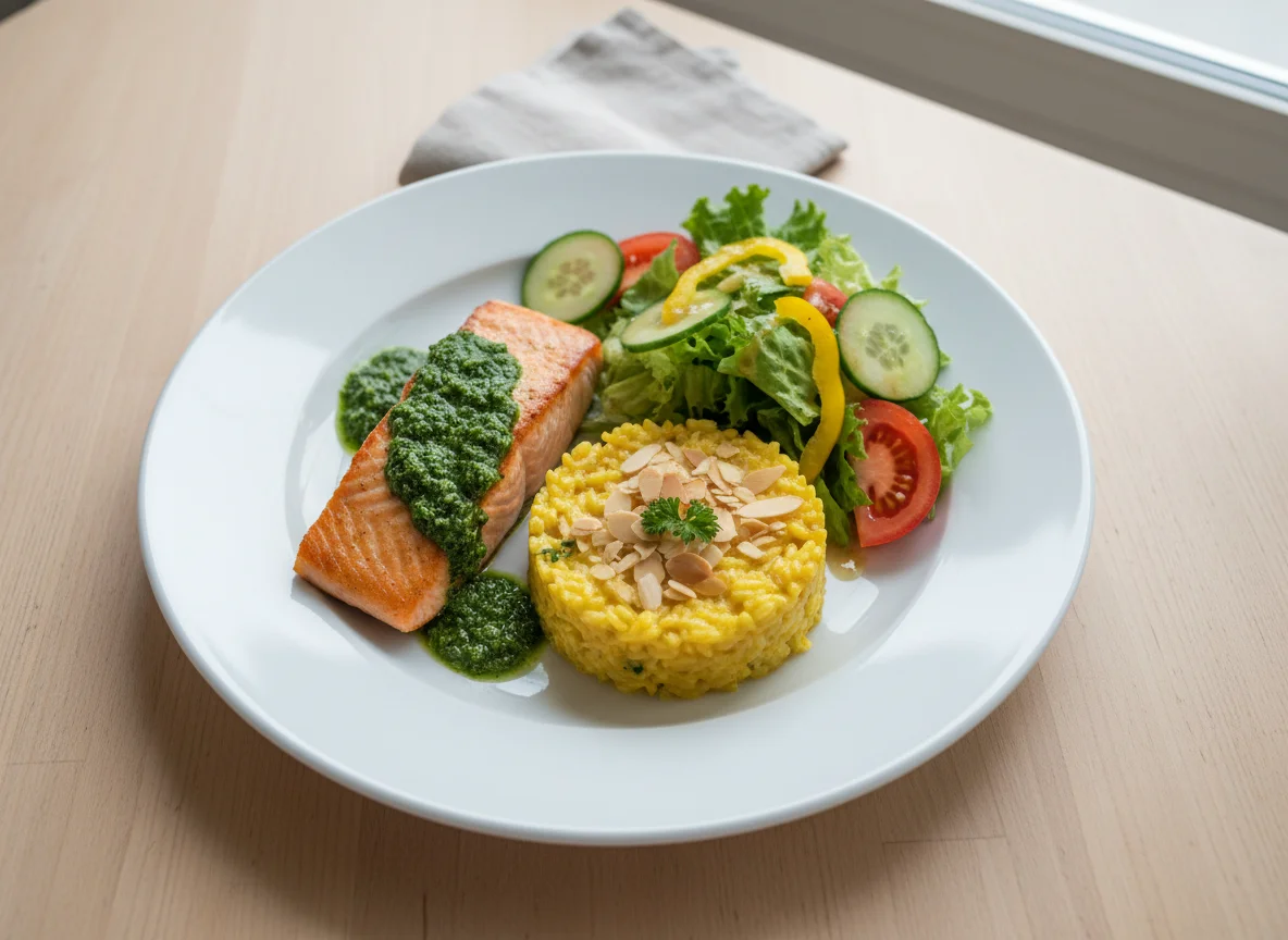 Lachs mit Risotto und Beilagensalat photo