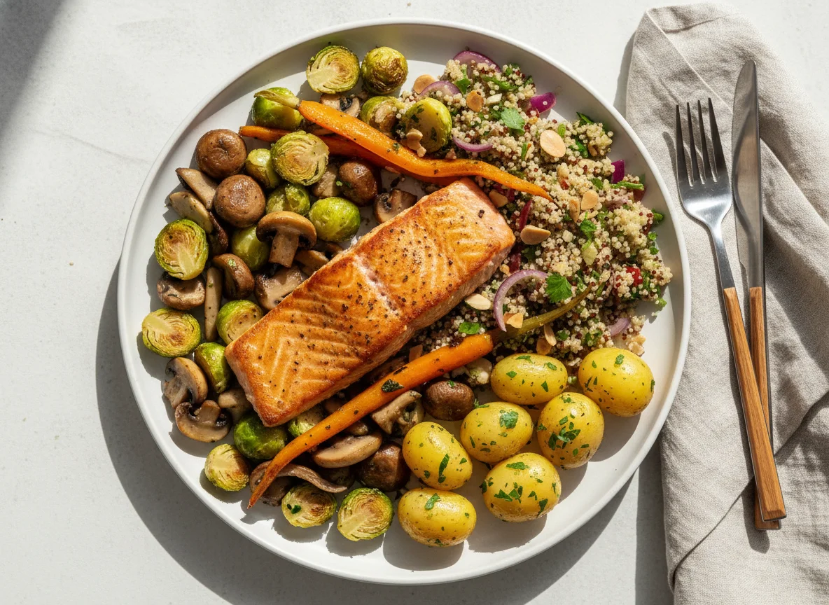Lachs mit Rosenkohl, Pilzen, Quinoa-Salat und Karotten photo