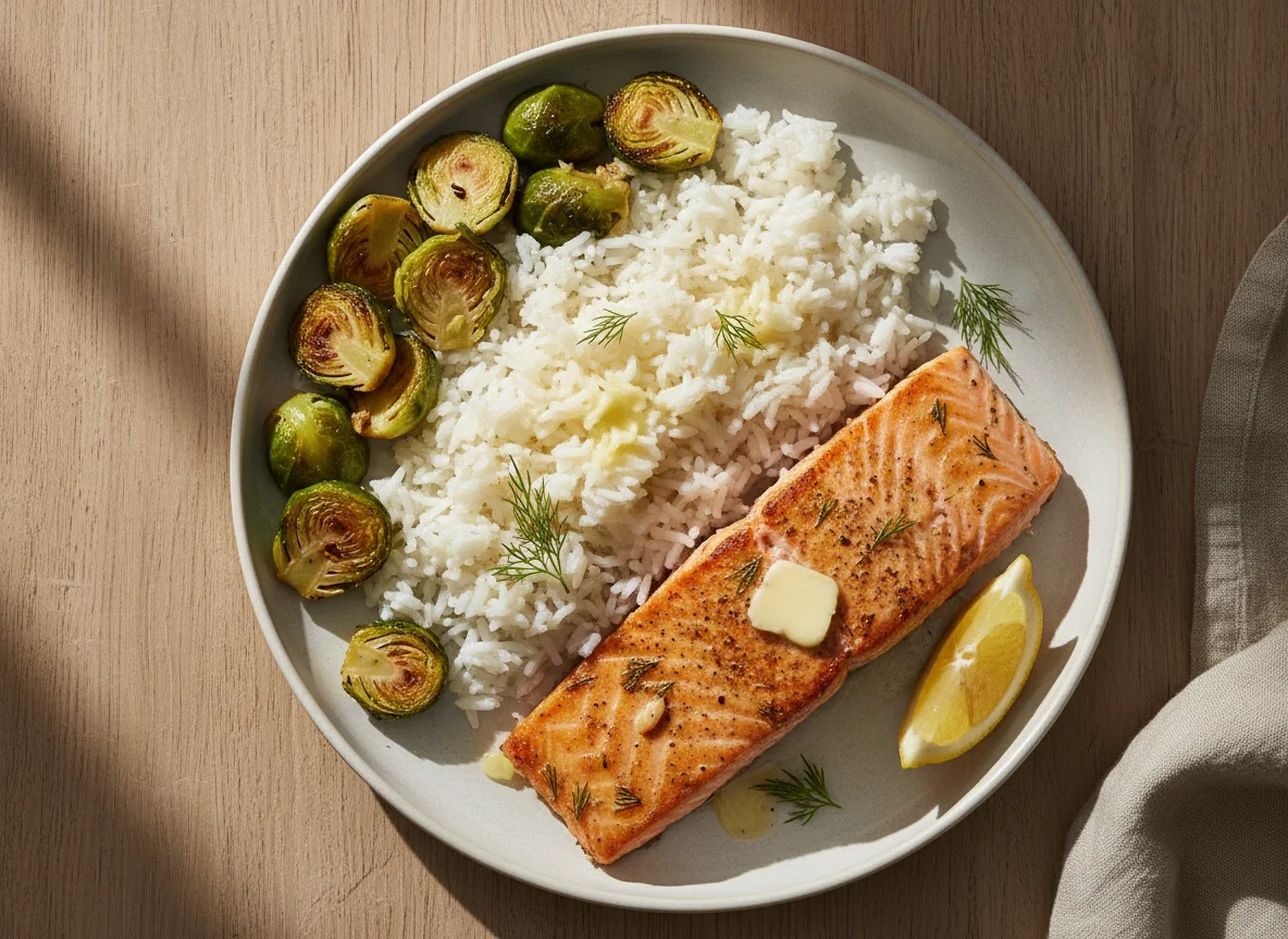 Lachs mit Rosenkohl und Reis photo