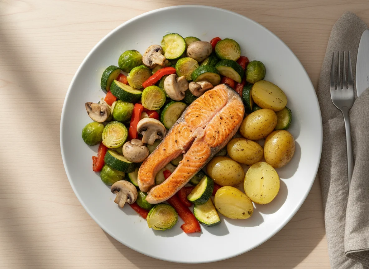 Lachs mit Rosenkohl-Gemüse und Kartoffeln photo